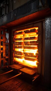 Industrial kiln with stacked wood glowing intensely with heat