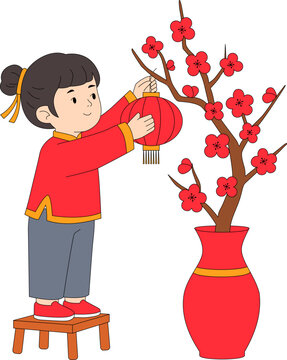 Illustration of girl placing a lunar newyear ornamnet for Lunar New Year.