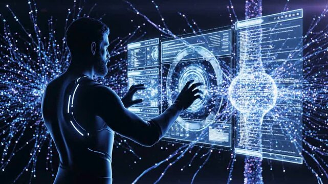 Futuristic Man Interacting with Digital AI Interface and Data Visualization