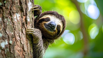 Naklejka premium Close-up of a three-toed sloth clinging to a tree trunk in a lush green forest.