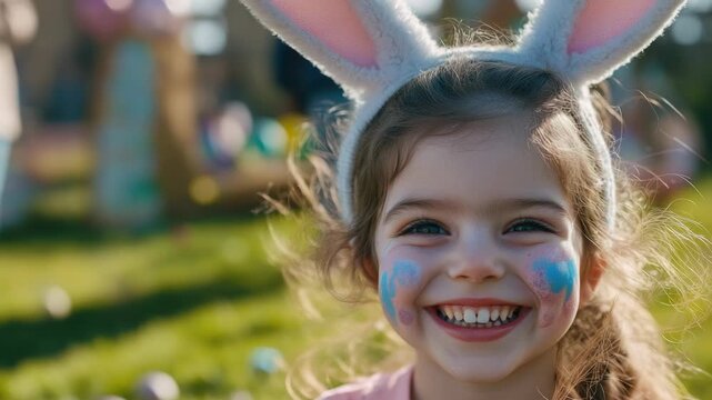 Smiling girl with bunny ears and paint marks smiling at the camera.