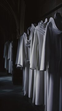 Row of white hooded robes hanging in a dimly lit, vaulted hallway