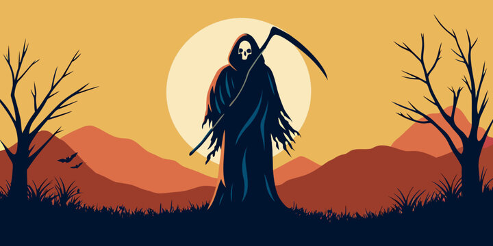Grim reaper stands silhouetted against a large pale moon in a barren landscape