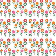 seamless pattern with colorful flat flowers and green leaves on white background