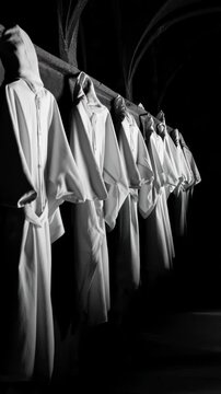 Row of hooded robes hang in a dark, arched, ancient hall, evoking mystery and solemnity