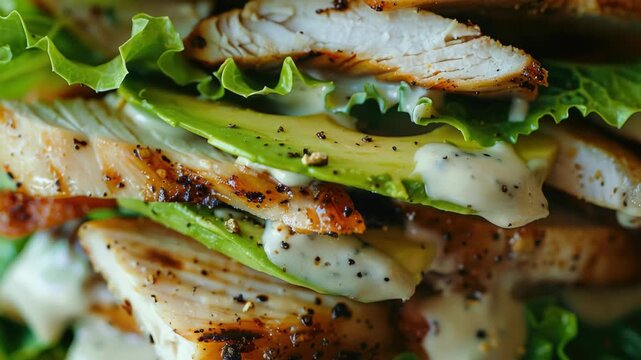 A mouthwatering chicken sandwich featuring fresh grilled chicken topped with creamy avocado and a zesty sauce on a bed of lettuce. Perfect for lunch or dinner.