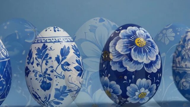 Row of decorated Easter eggs with blue floral patterns are displayed against a blue background.