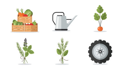 Gardening illustrations featuring plants, watering can, and tractor tire in a graphic representation