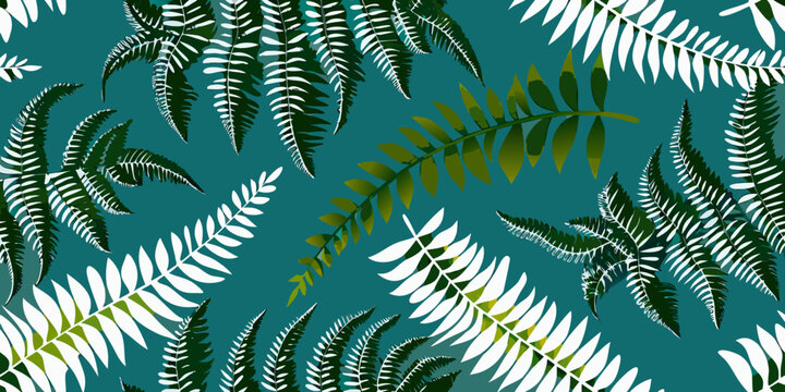 A repeating pattern of tropical fern leaves in shades of green and white