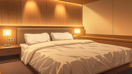 温かみのあるアンビエント照明に包まれた、モダンで豪華なホテルの寝室を描いたアニメ風イラスト。大きなダブルベッドと洗練された木目調の壁面が落ち着いた安らぎの空間を演出する内装デザイン
