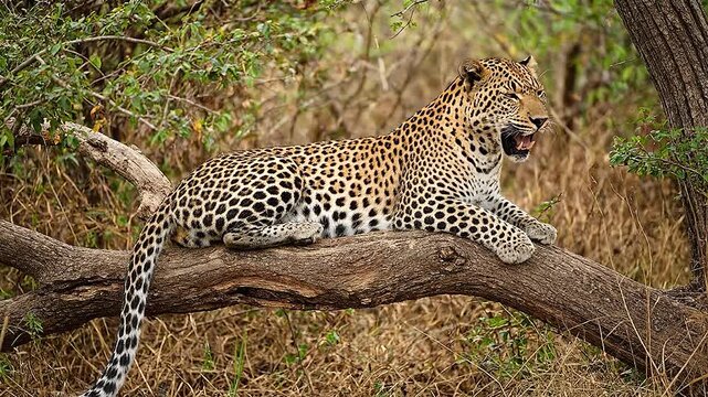 Leopard resting on tree branch in savanna, rosette fur detailed, warm rim light, calm regal mood, cinematic wildlife photography.