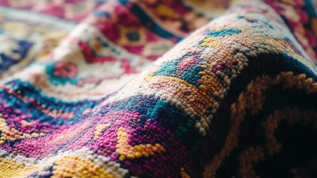Close-up of a colorful and textured blanket with intricate patterns in various shades of blue, orange, and purple.