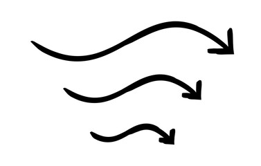 Obraz premium Squiggly curved arrows pointing down hand-drawn sketch graphic element set. Downward flow in fluid motion. Doodle direction. Minimal black pointers. Ink freehand symbols. Scribble illustration
