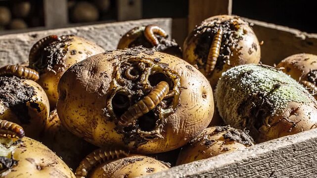 Rotten Potatoes Infested with Worms and Mold in Wooden Crate