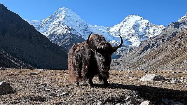 Shaggy Himalayan yak standing in alpine valley, snow-capped mountains behind, golden sunlight, vast solitude, dramatic high-altitude wildlife photography.