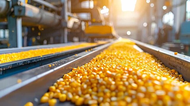 Close up of corn kernels moving along a conveyor belt in a food processing factory during daytime.