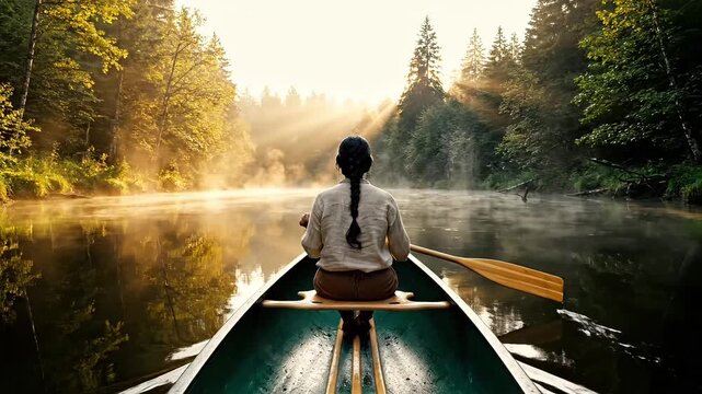 Serene canoe journey through a misty, sun-dappled forest lake at dawn, evoking peace and adventure