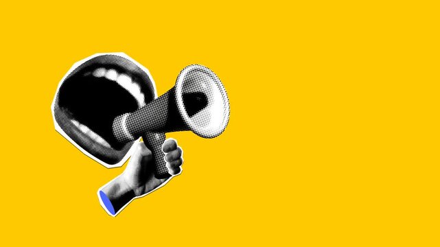 Screaming mouth and megaphone. Advertising banner with bullhorn and copy space. Public speaker. Announcement of news, sales. Loudspeaker announces. Collage animation with halftone newspaper elements