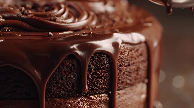 A rich chocolate cake being frosted with chocolate sauce, layered cake with frosting dripping down the sides, close-up shot