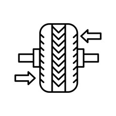 Minimal icon showing a tire with directional arrows, representing mechanical control, pressure adjustment, traction, and automotive systems.