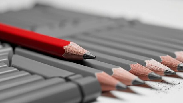 Red pencil lying across a row of gray pencils demonstrating difference, individuality, and standing out
