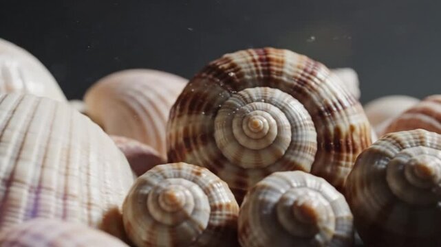 Close-up of a variety of seashells showcasing spiral patterns and textures on a dark background.