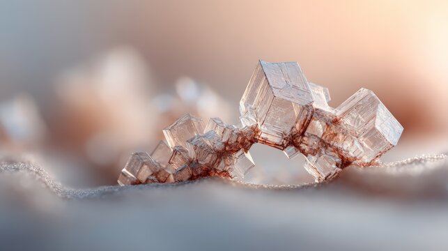 Salt crystals in precise cubic formations, abstract textured macro close up illuminated by warm backlight, soft focus revealing geometric, translucent mineral detail and pattern