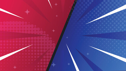 Halftone comic action background vector illustration with red and blue split panel, dotted texture and dynamic speed lines. Pop art design for banners, posters, covers and social media. © TWINS DESIGN STUDIO