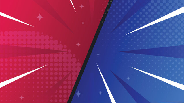 Halftone comic action background vector illustration with red and blue split panel, dotted texture and dynamic speed lines. Pop art design for banners, posters, covers and social media.