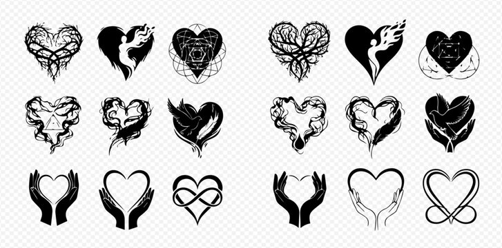 Set of black and white heart designs, including hands holding hearts, abstract shapes, and infinity symbols, perfect for love and relationship themes.