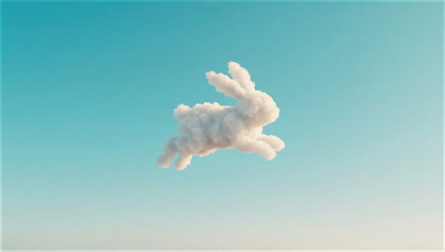 Fluffy cloud shaped like running bunny in turquoise blue sky, minimal easter holiday concept background with soft daylight, dreamy surreal composition and large copy space.