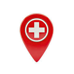 Obraz premium Red Map Pointer with White Medical Cross Symbol on White Background.