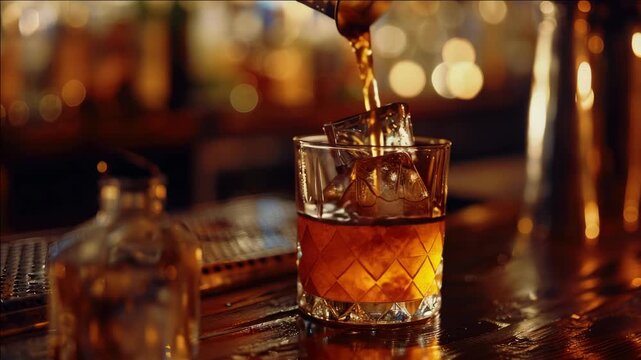 A glass of liquor with ice in it is being poured into it. A bottle of liquor is also visible