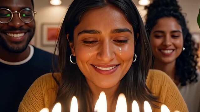 Emotional Birthday Celebration with Friends and Cake