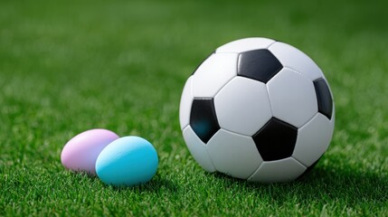 Soccer ball placed on green grass with pastel-colored Easter eggs nearby, creating a playful and festive atmosphere suitable for spring celebrations and sports events