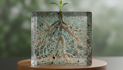 Young plant in glass cube reveals glowing root and microbe network concept for regenerative agriculture and soil health innovation