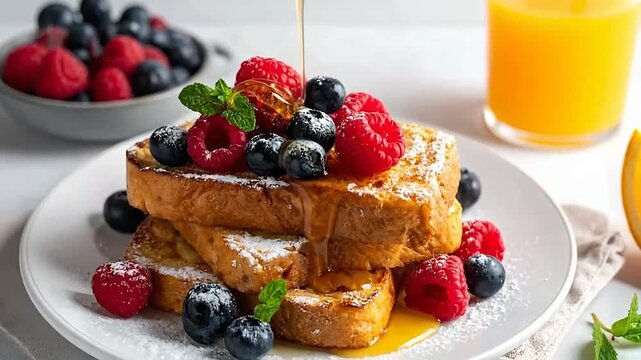 Golden honey is drizzled over a stack of French toast topped with fresh berries and powdered sugar.