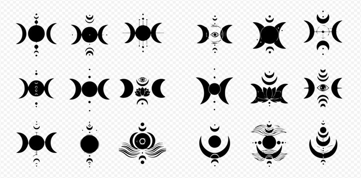 Triple Goddess symbol vector set, Wiccan pagan magic icon, moon phases, spiritual alchemy sign, wicca tattoo design, isolated on transparent background.