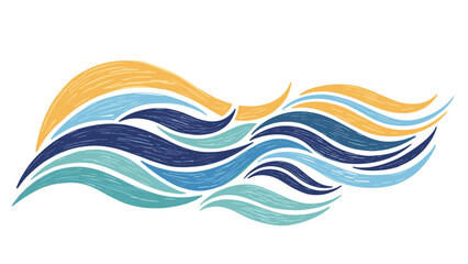 Fototapeta premium Abstract and textured illustration of stylized ocean waves rendered in shades of blue, teal, and yellow with a hand drawn appearance.