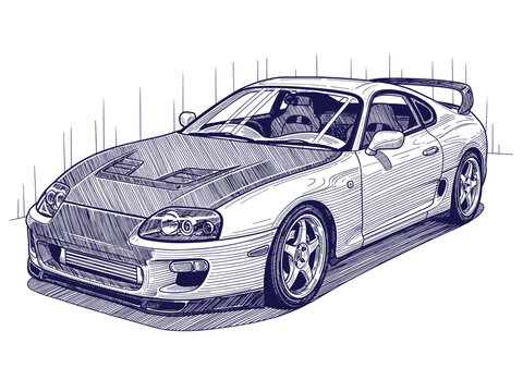 Highly Detailed Engraving Sketch of an Iconic JDM Sports Car Coupe. Vintage Style Hand-Drawn Performance Vehicle Illustration.