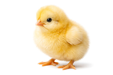 Fototapeta premium Adorable fluffy yellow chick standing isolated on white background cute baby poultry animal