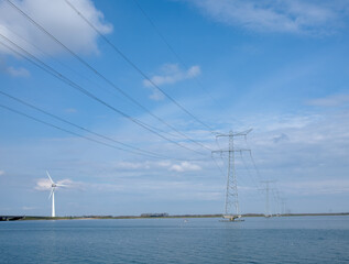 High-voltage pylons in the Ketelmeer, Flevoland province, The Netherlands
