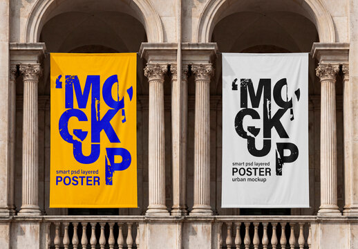Large Vertical Fabric Banner Hanging on Classical Building
