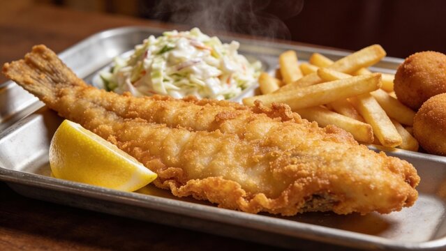 Crispy fried fish with golden fries and lemon wedge on metal tray, casual pub meal for menu design and food blog, comfort food mood for Lent