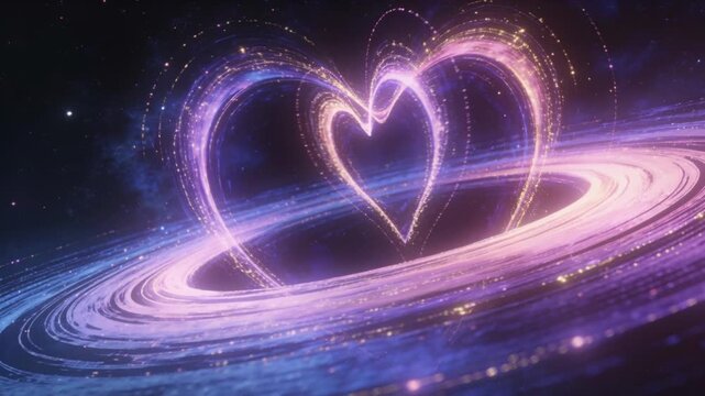 Twin gravity wells distorting space into subtle heart curves with glowing particle arcs and deep cosmic gradients, forming an abstract astrophysical romance without people, text or logos.