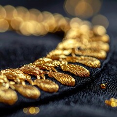 Close up of ornate gold embroidery with dangling tassels on black fabric creating a luxurious and elegant texture with soft bokeh lighting