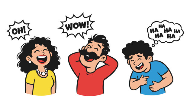 Three cartoon characters expressing different forms of amusement with exclamation bubbles and thought bubbles showing laughter and surprise 173 characters funny smiling happy