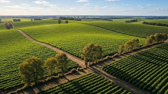 Aerial view captures the lush green fields and rows of crops stretching across the rolling hills under a bright sky.