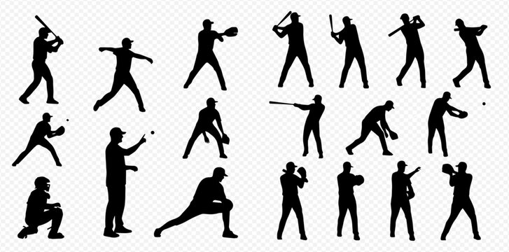 Collection of baseball player silhouettes in various action poses, including batting, pitching, catching, and fielding, perfect for sports design.