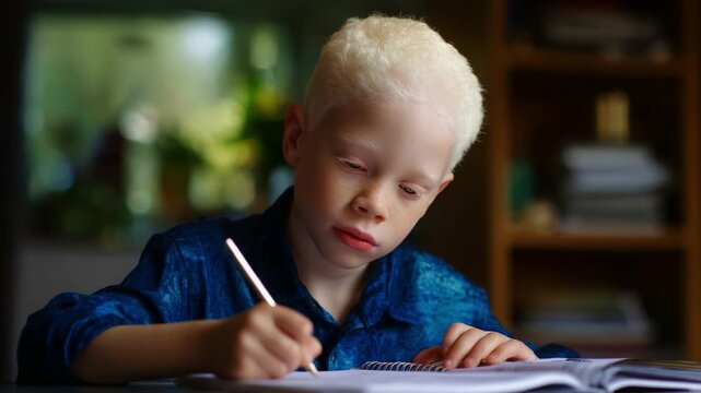 A studious young boy with unique features focuses intently on his notebook, demonstrating determination and engagement in his educational endeavors.